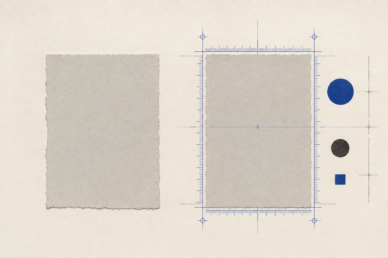A paper collage of two identical grey sheets side by side, only the right one overlaid with cobalt tick rules, a dotted baseline and corner register marks